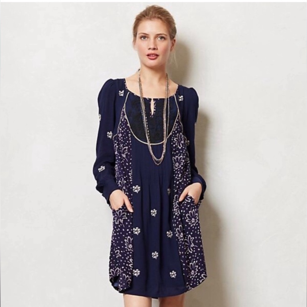Anthropologie Navy Blue Embroidered Shift Dress